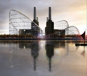 Les architectes de l'agence AZC ont imaginé l'installation de montagnes russes autour de la célèbre centrale électrique londonienne de Battersea. Copyright : Atelier Zündel Cristea