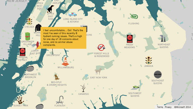 La carte interactive du projet HereHere permet de visualiser les préoccupations citoyennes dans chaque quartier de New York. Copyright : HereHere.co
