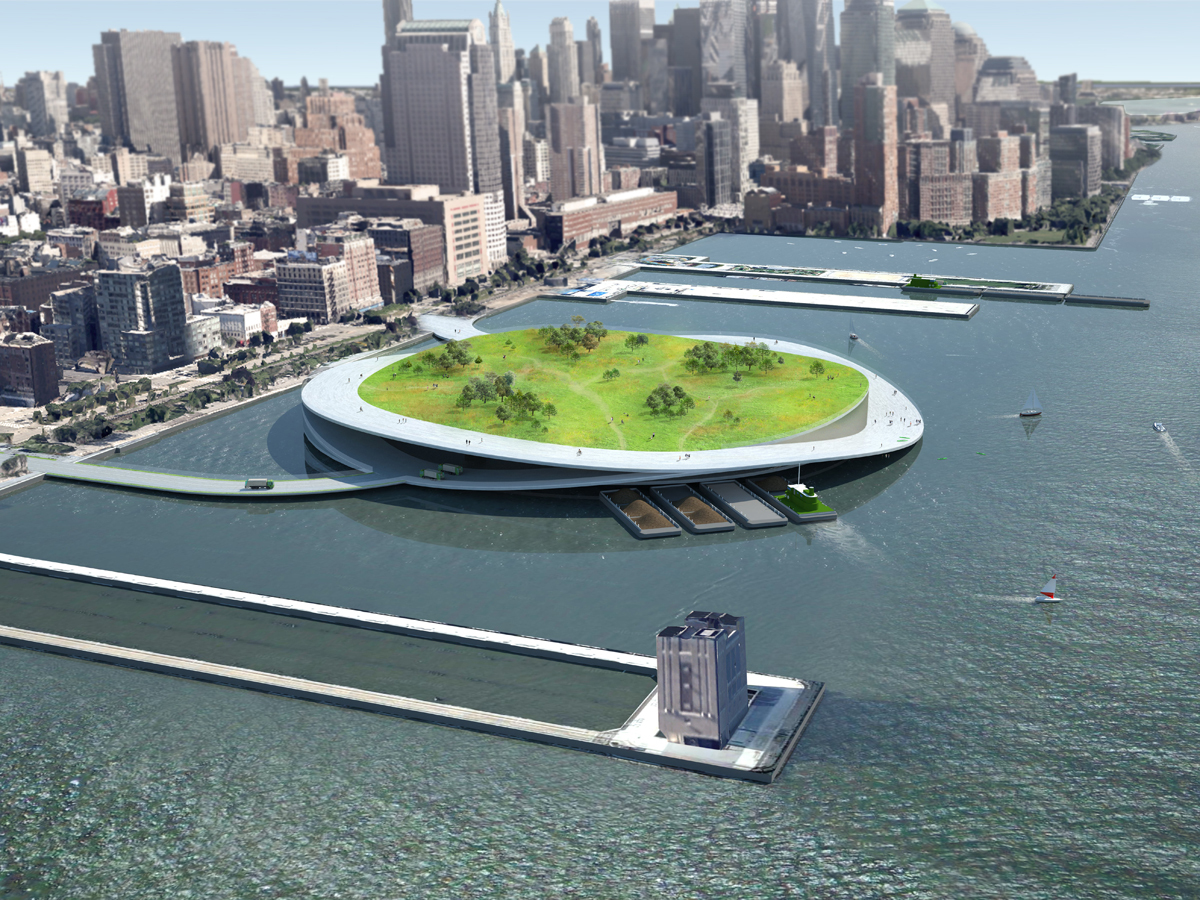 Les composteurs flottants imaginés par les architects du cabinet Present Architecture permettraient de créer 125 hectares d'espaces verts supplémentaires à New York. Copyright : Present Architecture