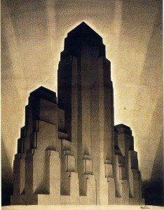 L'art du clair-obscur selon Hugh Ferriss. Dessin extrait de la série The City of Tomorrow (1929)