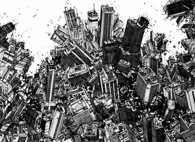 Dans le manga Akira, Katsuhiro Otomo dessine régulièrement la destruction urbaine.