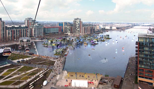 Projection du futur village flottant londonien, sur la rive Est de la Tamise. Copyright : Greater London Authority
