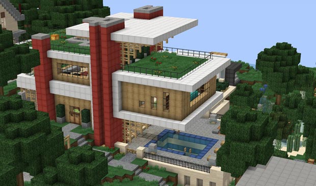 La Modern Hillside House, une villa Minecraft nichée au cœur de la montagne. Copyright : Minecraft.gallery
