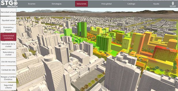 Simulation de densification d'un réseau 4G grâce à des antennes positionnées sur des lampadaires. Les résultats du calcul (grâce à la 3D) sont superposés sur les bâtiments et le sol. Copyright : © Siradel