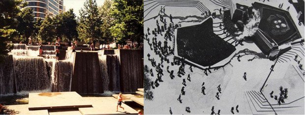 La fontaine Ira Keller par Angela Danadjieva, designer chez Lawrence Halprin & Associates, Ville de Portland, Oregon Le Lovejoy Fountain Park (ou Lovejoy Plaza), par le paysagiste Lawrence Halprin, Portland, Oregon 