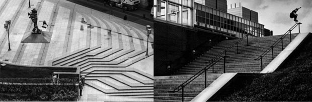Le skateur Stéphane Giret sur la place de l’Hôtel de Ville de Lyon © Fred Mortagne Une figure de skate sur une rampe d’escalier 