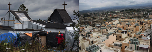 La construction d’une église à Calais signe le rallongement temporel du “transit”. A droite, le camp de Nahr-al-Bared fut reconstruit et intégré au tissu urbain. 