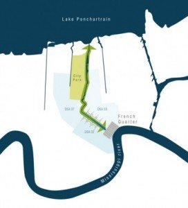 Schéma de principe de l’évacuation des eaux de crue du Mississippi vers le lac Pontchartrain