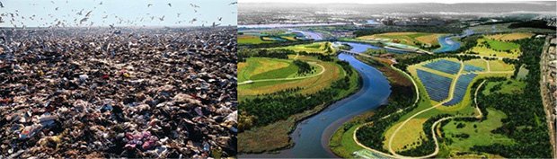 Fresh Kills, dans son état de décharge, et suite à l’action de renaturalisation du site. Visuels du projet ©BLOOMBERG/FLICKR.