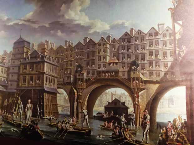 La Joute des mariniers entre le Pont-Notre-Dame et le Pont-au-Change par Raguenet montre une vision de Paris et de ses ponts habités