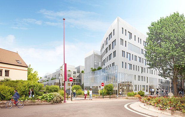 Vue de l'immeuble de bureaux et de l'immeuble de logements depuis l'avenue Paul-Vaillant-Couturier