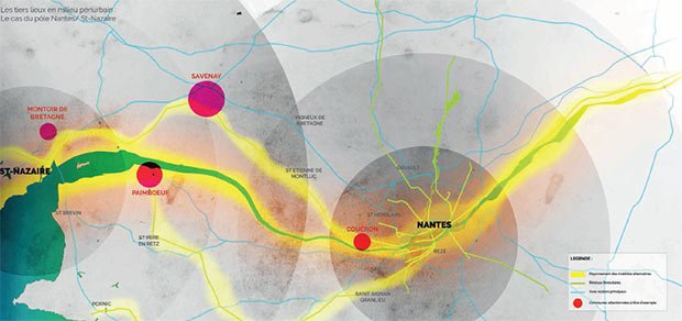 Cartographie permettant l’identification des flux et des potentiels de lieux sur le territoire du pôle métropolitain entre Nantes et Saint-Nazaire