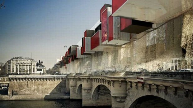 Des blocs modulables gris et rouge sur le Pont Neuf à Paris