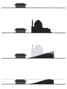 La précédente maquette de la nouvelle mosquée de Téhéran, plus classique, comportait un dôme et de hauts minarets