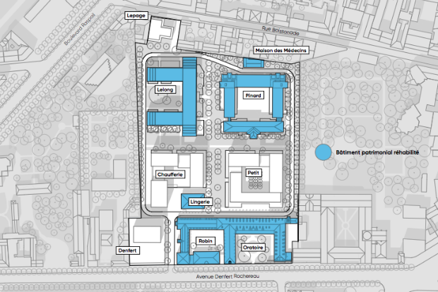 En bleu ciel, les bâtiments conservés qui seront réhabilités. 