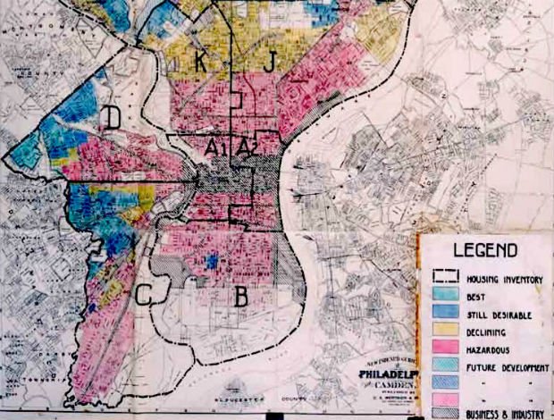 Carte de 1936 du redlining à Philadelphie. En jaune et rouge les quartiers en déclin ou dangereux où les prêts immobiliers sont déconseillés