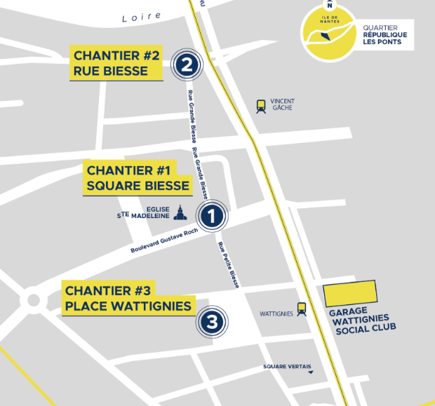 Carte de localisation des trois chantiers participatifs et du tiers-lieu Wattignies Social Club le long de la rue de Biesse, dans le quartier de République