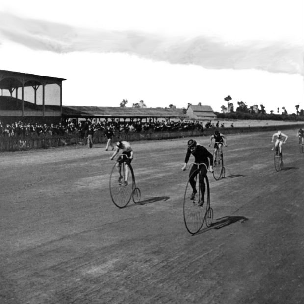 George Barker, c1890, Niagara Falls, NY, USA: Boneshaker bicycle racers at the finish line.