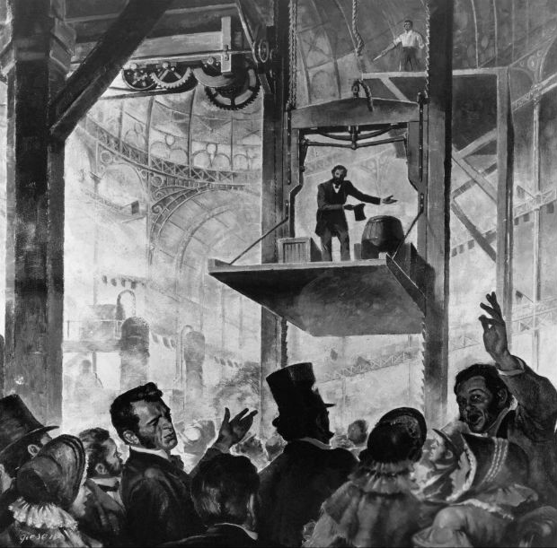 Démonstration du frein de chute (par parachute) par Elisha Otis au Crystal Palace en 1853