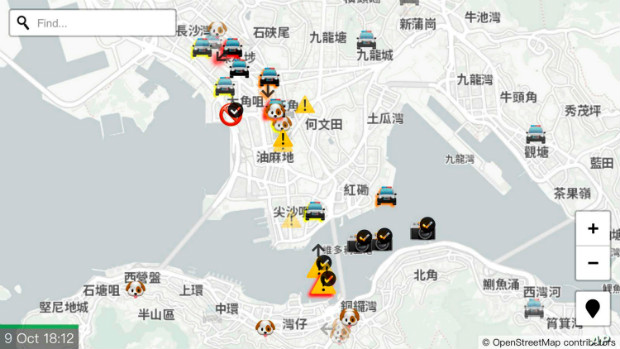 Un aperçu de la carte participative HKmap le 9 octobre 2019 - HKmap