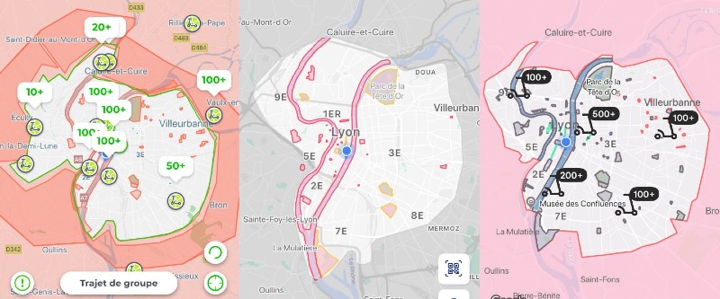 Captures d’écran des zones de couverture des différents opérateurs de trottinettes à Paris (Tier, Voi, Lime et Bird) - Alexandre Léchenet