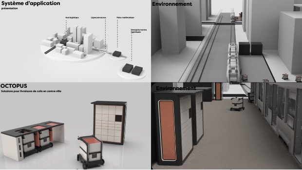 Lenny Rafaï propose, à travers le projet Octopus, une vision complètement dé-sectorialisée en intégrant tout à la fois des colis au tramway existant, un chariot pour le transport, un endroit de stockage à proximité des grands flux de déplacement comme les gares… ©Lenny Rafaï 