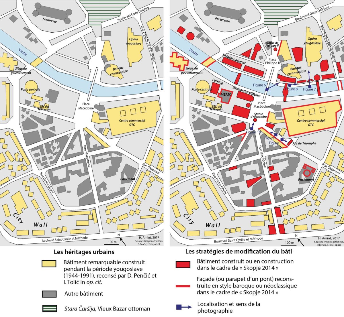 Avant/après : en rouge, les bâtiments et les rénovations de façades de Skopje 2014 cachent l'héritage moderniste (en jaune) - Hervé Amiot 