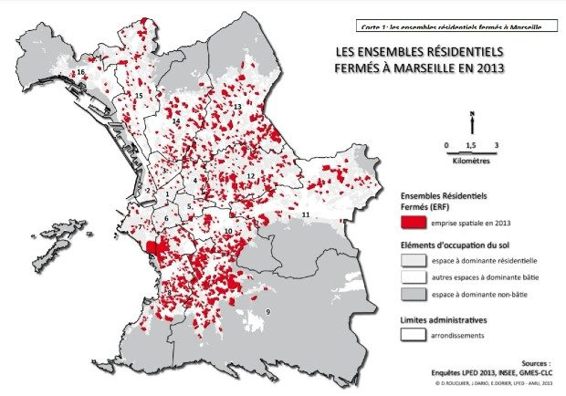 Cartographie des résidences fermées à Marseille en 2013 ©D. Rouquier, J. Dario, E. Dorier, LPED - AMU