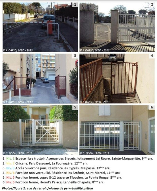 Différentes configurations de fermeture des accès piétons © J. Dario, C. Le Du, LPED // Marseille