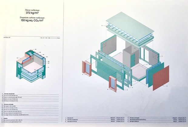 Système constructif d’un module de “La promesse de l’Aube”, présenté au Pavillon de l’Arsenal © Lola Roy