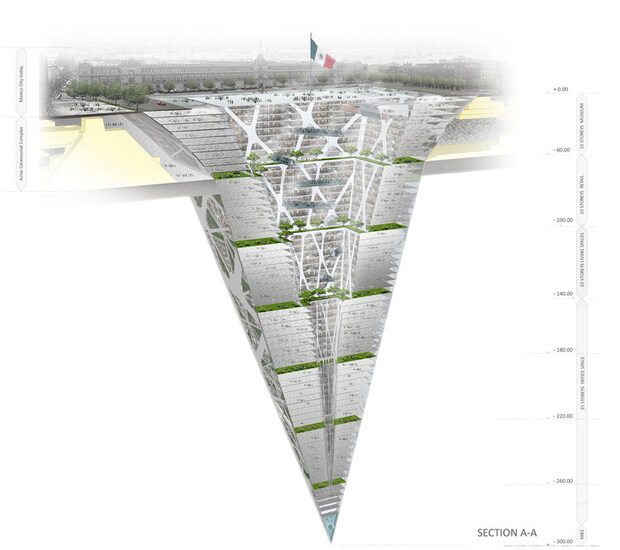 ©Parmi les projets souterrains les plus fous, l'agence mexicaine BNKR Arquitectura a imaginé une pyramide de la profondeur de la tour Eiffel - BNKR Arquitectura