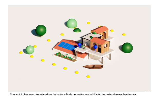concept 1 - Proposer des extansions flottantes afin de permettre aux habitants des rester vivre sur leur terrain © Paul Cazaux-Debat