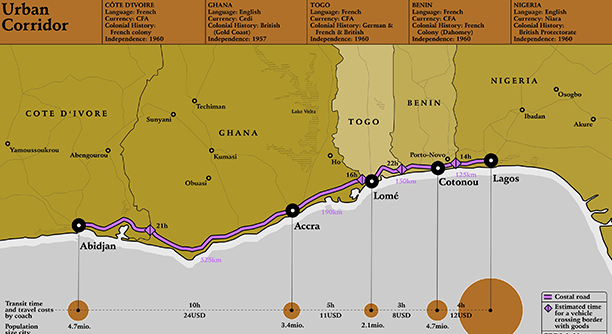 Carte du corridor Abidjan-Lagos et des temps de trajet - Alice Hertzog