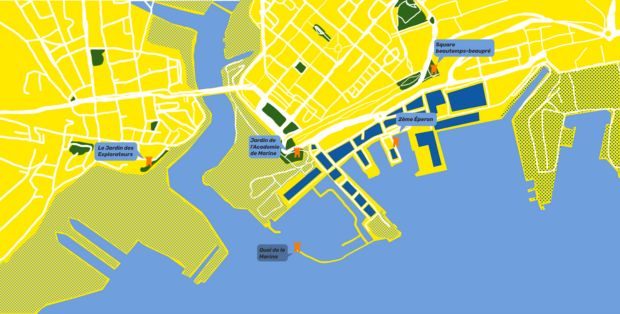Carte des 5 observatoires, zoom sur Brest et son port de commerce