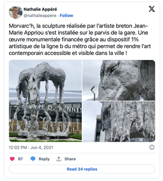 Morvarc’h, la sculpture réalisée par l’artiste breton Jean-Marie Appriou s’est installée sur le parvis de la gare. Une œuvre monumentale financée grâce au dispositif 1% artistique de la ligne b du métro qui permet de rendre l’art contemporain accessible et visible dans la ville !