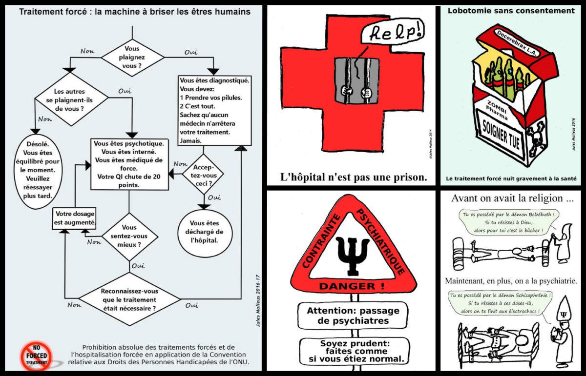 Illustrations du collectif d’usagers et survivantes de la psychiatrie Arrêt des traitements forcés. Image Jules Malleus, licence CC-BY-4.0